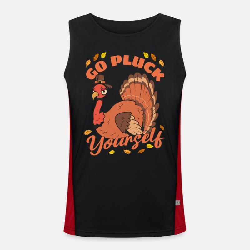 Funny Turkey Go Pluck Yourself Hunter Thanksgiving Men's Functional Contrast Tank Top 