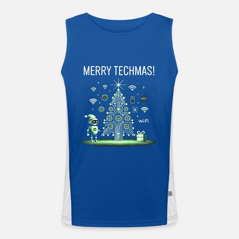 Merry Techmas - Robot and Circuit Christmas Tree Men's Functional Contrast Tank Top 