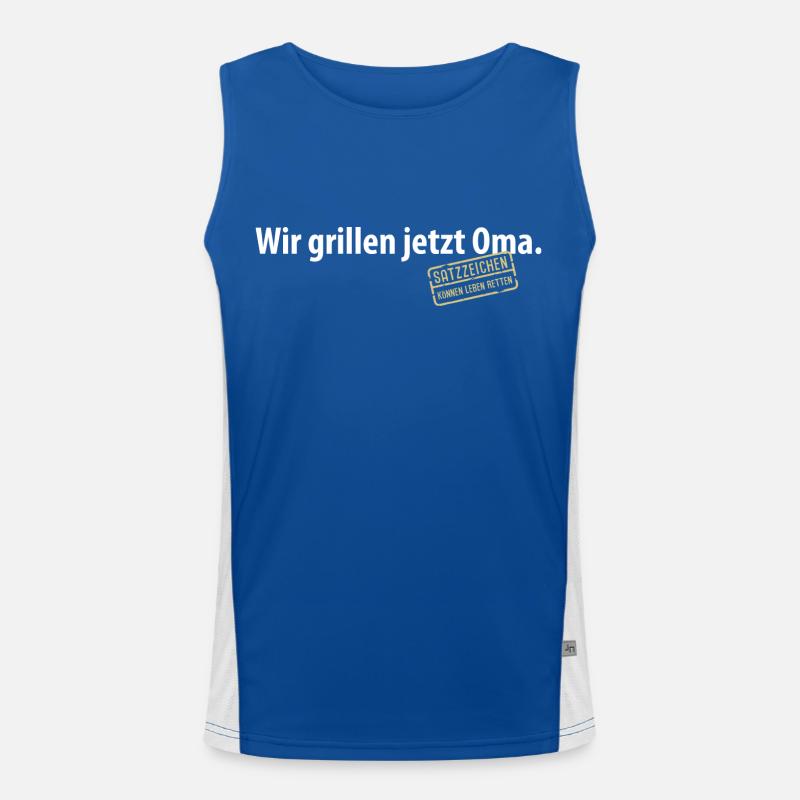 Wir grillen jetzt Oma Satzzeichen Komma Leben Omi Funktionelles Kontrast-Tank Top für Männer 