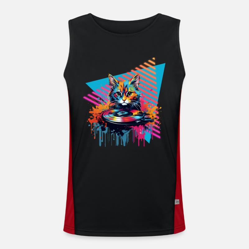 Cat Vinyl Record 80s Style Men's Functional Contrast Tank Top 