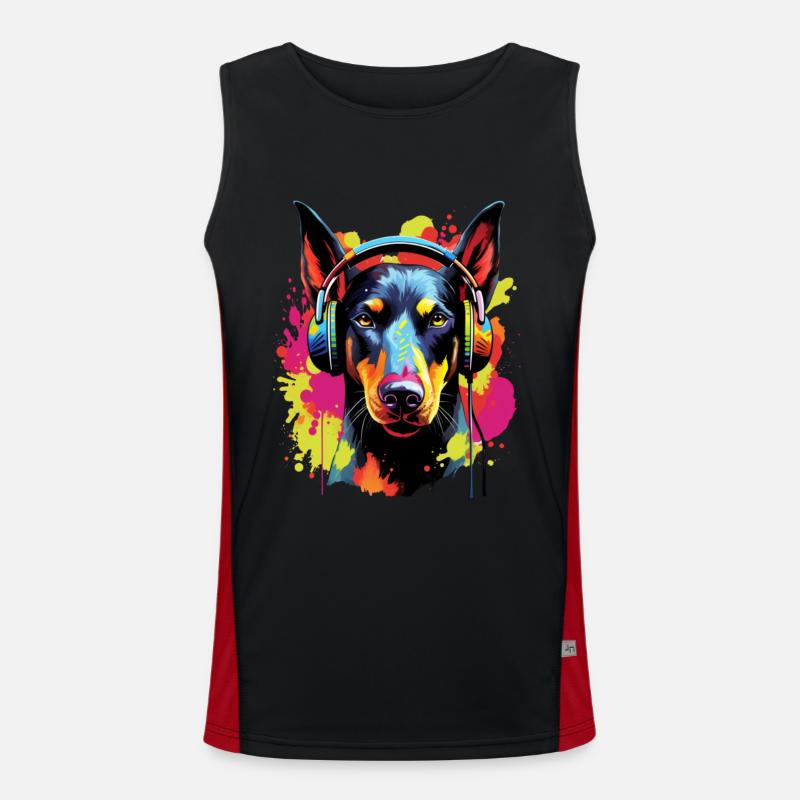 Bunter Dobermann mit Kopfhörer Funktionelles Kontrast-Tank Top für Männer 