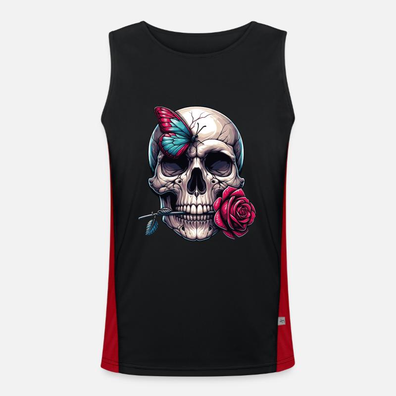 Skull with red rose and butterfly Men's Functional Contrast Tank Top 