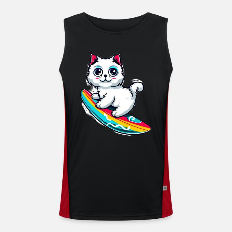 Chat blanc sur planche de surf colorée Débardeur respirant contrasté Homme 