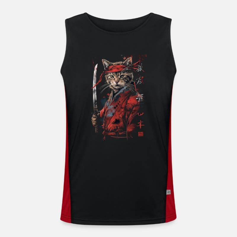 Cat Samurai Funny Gift - Men's Functional Contrast Tank Top  - black/red