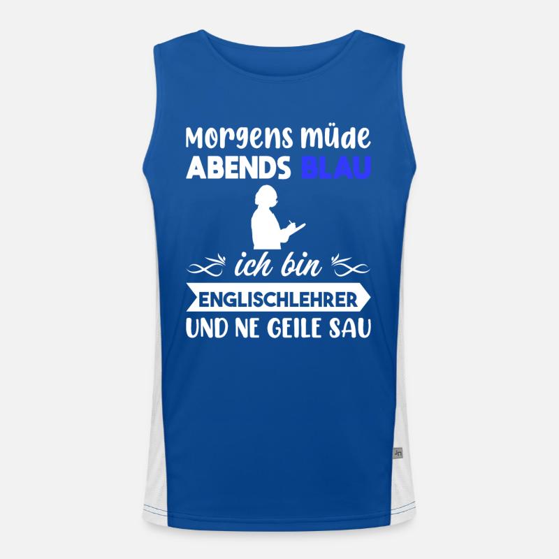 Morgens Müde Abends Blau Englischlehrer Funktionelles Kontrast-Tank Top für Männer 