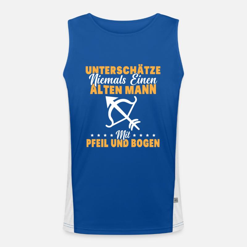 Unterschätze Alten Mann Pfeil und Bogen Spruch Funktionelles Kontrast-Tank Top für Männer 