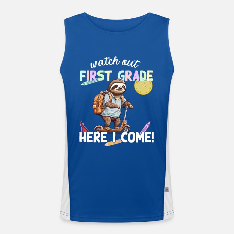 Faultier Schulanfang mit Roller Lustiger Spruch Funktionelles Kontrast-Tank Top für Männer 
