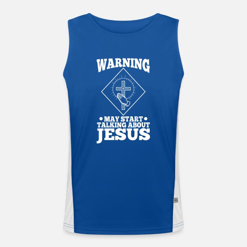 Warning may start talking about Jesus Funktionelles Kontrast-Tank Top für Männer 