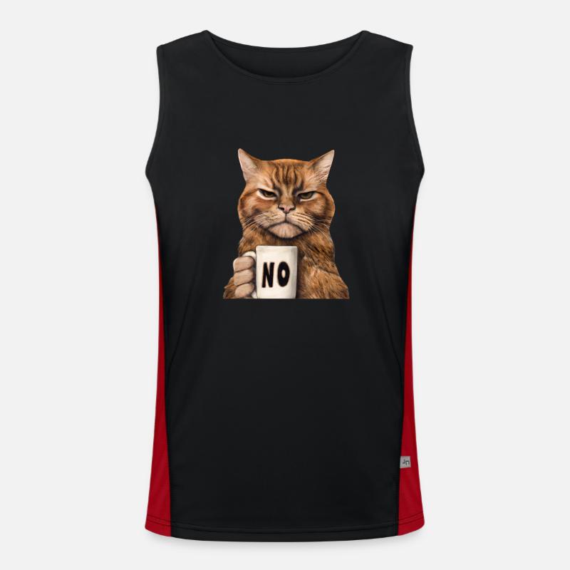 Grumpy funny cat with coffee cup says no - Men's Functional Contrast Tank Top  - black/red