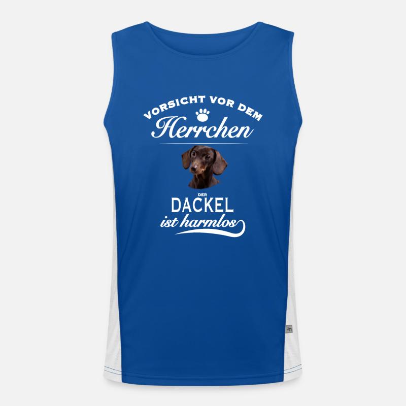 Vorsicht vor dem Herrchen, Hund harmlos - Dackel Funktionelles Kontrast-Tank Top für Männer 