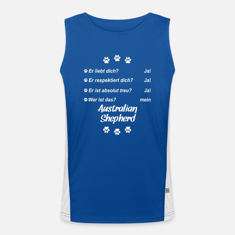 Er liebt Dich. Wer ist das? Australian Shepherd Funktionelles Kontrast-Tank Top für Männer 