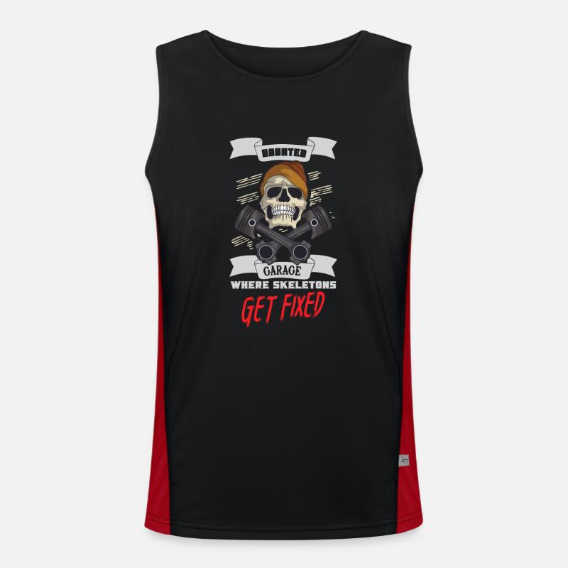 Skeleton Mechanic Horror Garage Funny Bones Spooky Men's Functional Contrast Tank Top 