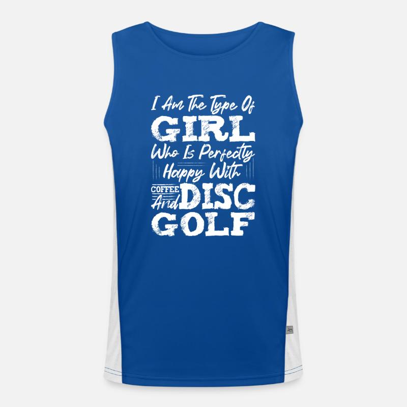 Fille heureuse avec le café et le disque de golf Frisbee Disc Débardeur respirant contrasté Homme 