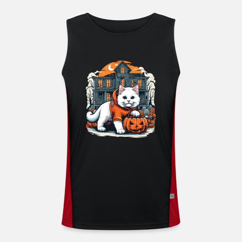 Chat blanc d’Halloween en sweat à capuche avec maison hantée Débardeur respirant contrasté Homme 