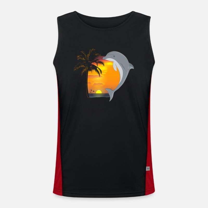 Dolphin Beach Palm Tree Sunset Funktionelles Kontrast-Tank Top für Männer 