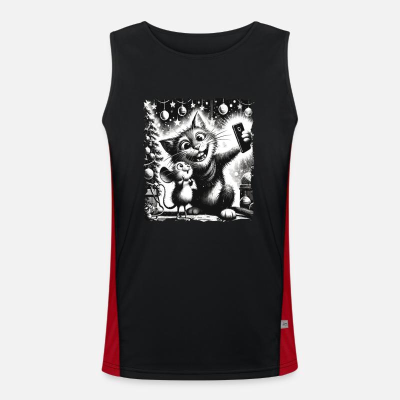 Cat & Mouse Selfie Merry Christmas Funny Men's Functional Contrast Tank Top 