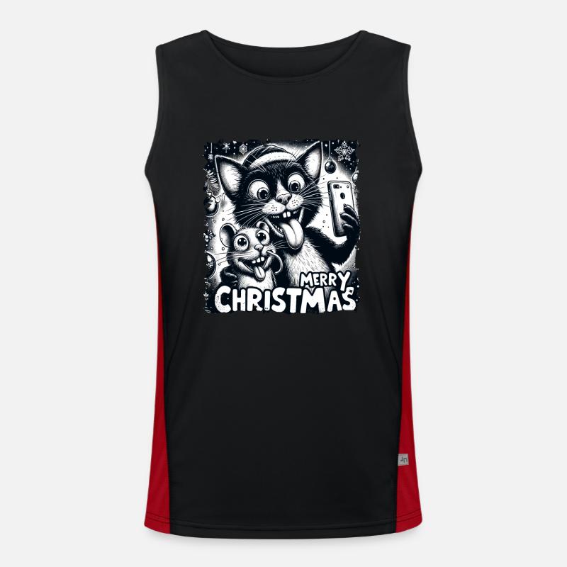 Cat & Mouse Selfie Merry Christmas Funny Men's Functional Contrast Tank Top 