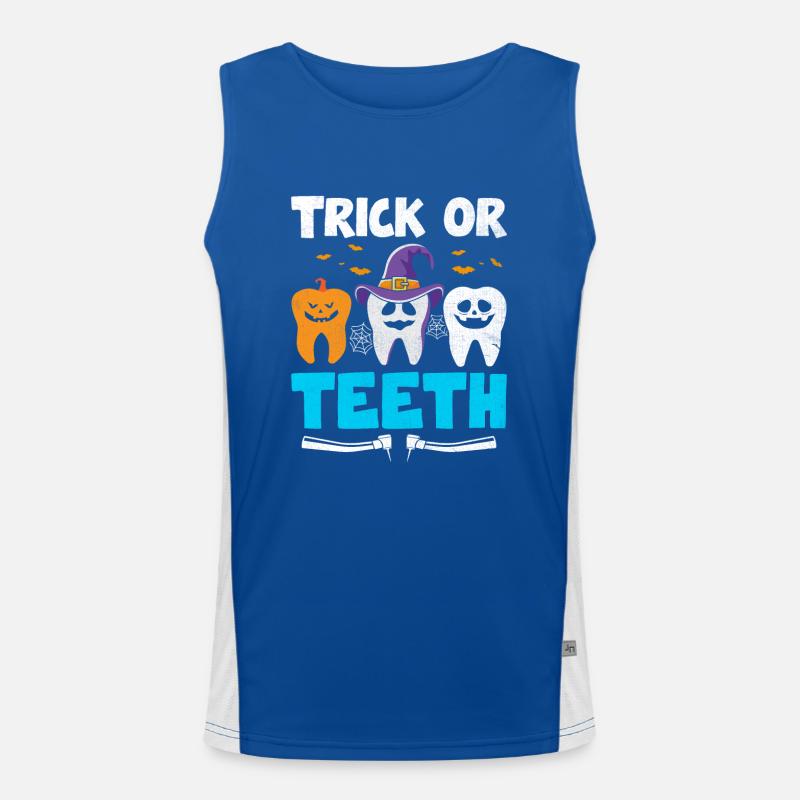 Trick oder Zähne Halloween Zahnarzt Zahnmedizin Funktionelles Kontrast-Tank Top für Männer 