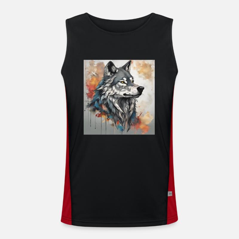 Wolf mit Farbflecken Hintergrund. Funktionelles Kontrast-Tank Top für Männer 