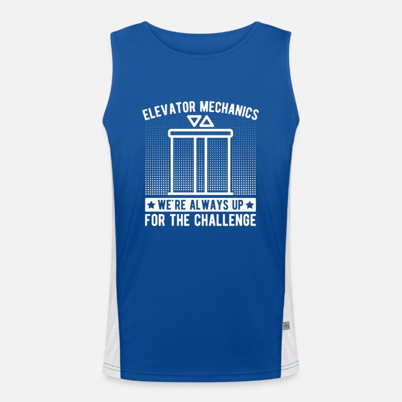 Funny Elevator Mechanic We´re Always Up Challenge Funktionelles Kontrast-Tank Top für Männer 