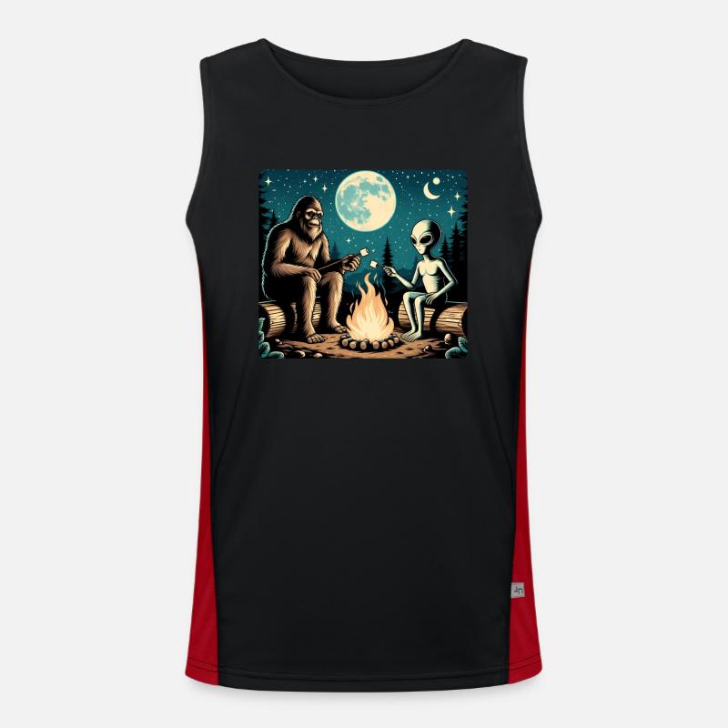 Bigfoot with alien at the campfire Men's Functional Contrast Tank Top 