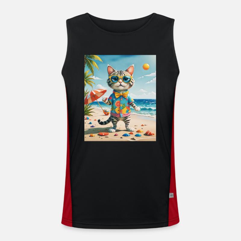 Strandspaß Katze Illustration Beachside Fun Cat Funktionelles Kontrast-Tank Top für Männer 