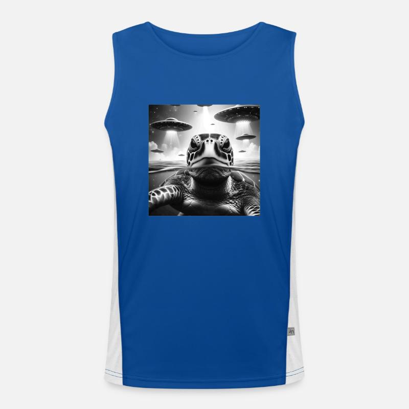 Sea Turtle Funny Graphic Selfie with UFOs Weird A Men's Functional Contrast Tank Top 