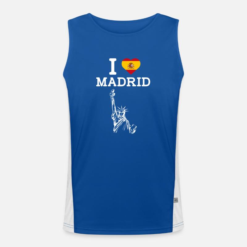 Ich liebe Madrid Herz Flagge Spanien Freiheitsstatue Funktionelles Kontrast-Tank Top für Männer 