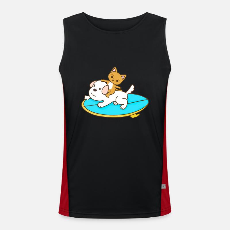 Katze reitet auf einem Hund Surfbrett Funktionelles Kontrast-Tank Top für Männer 