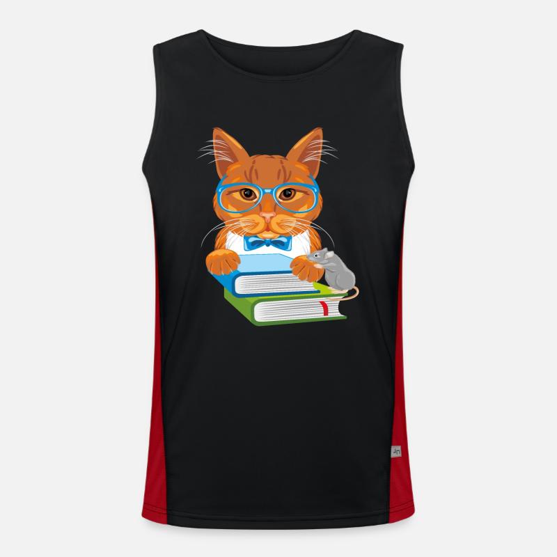 Smart ginger cat with books and funny mouse Men's Functional Contrast Tank Top 