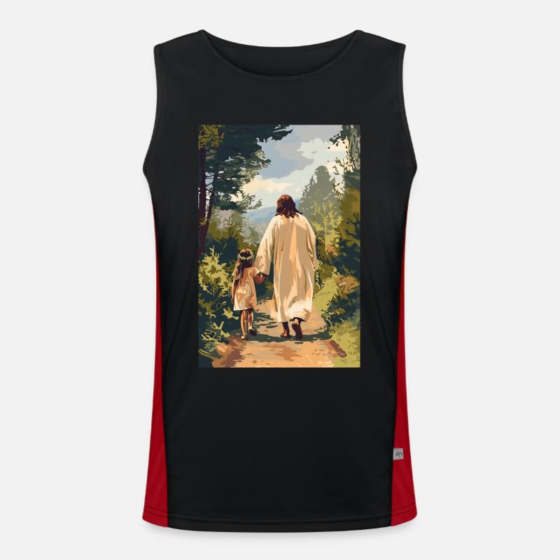 Jesus wandert mit einem kleinen Mädchen, Funktionelles Kontrast-Tank Top für Männer 