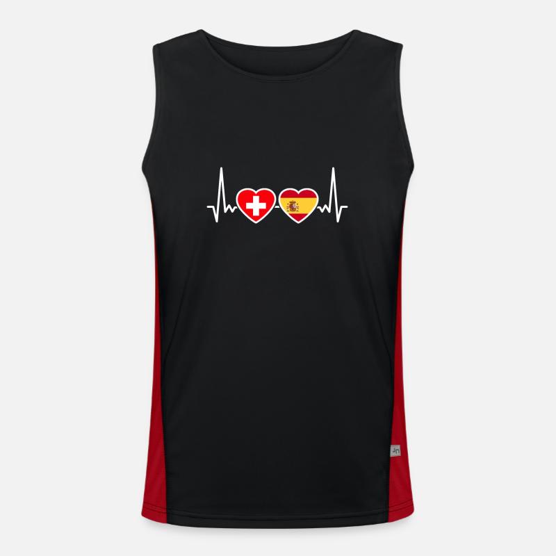 Schweiz Spanien Herzschlag Flagge Schweizer Funktionelles Kontrast-Tank Top für Männer 