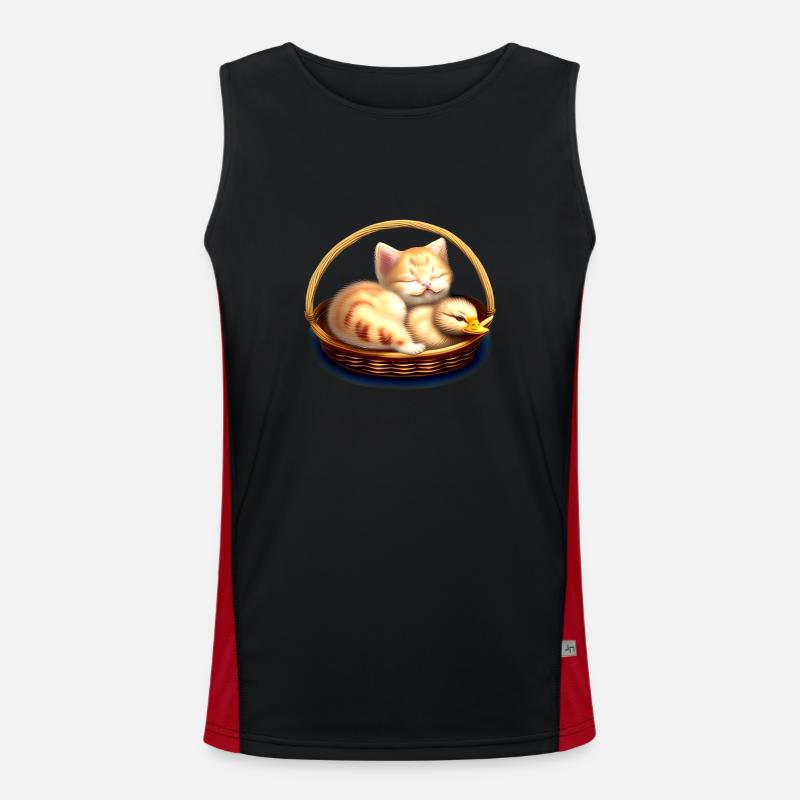 Cat sleeps with chicks in basket Men's Functional Contrast Tank Top 