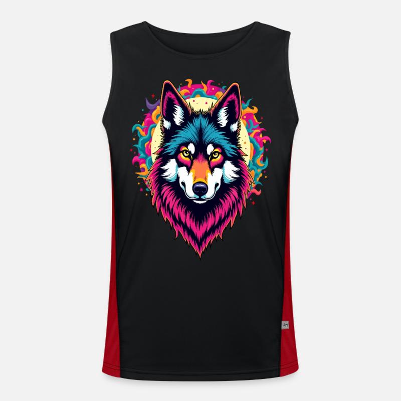 Neon Wolf Head with Sun – Colorful Psychedelic Art Men's Functional Contrast Tank Top 