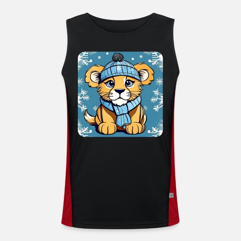 Cute lion cub with winter hat and snow Men's Functional Contrast Tank Top 