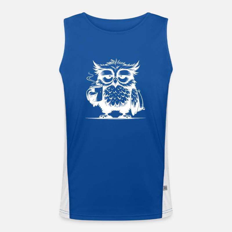 Lustige müde Comic Eule mit Kaffee Defizit Funktionelles Kontrast-Tank Top für Männer 