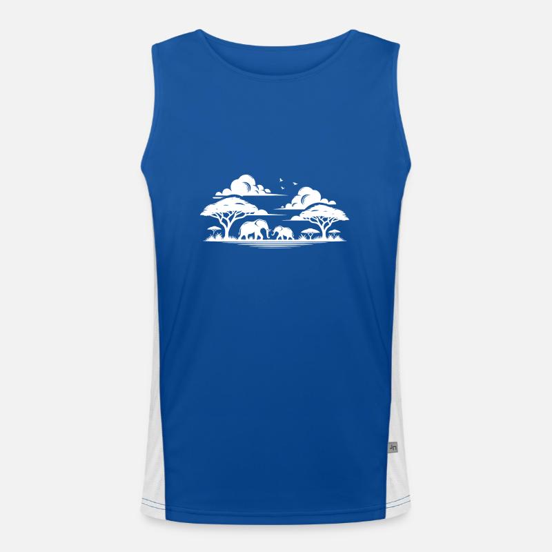 Elephants in African Savannahs Tree Silhouette Men's Functional Contrast Tank Top 