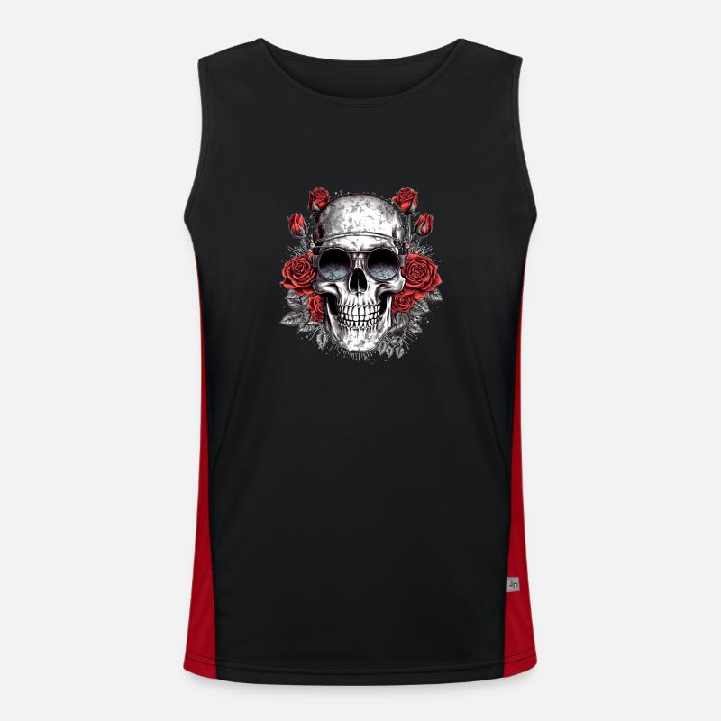 Cool hipster skull with glasses and roses Men's Functional Contrast Tank Top 