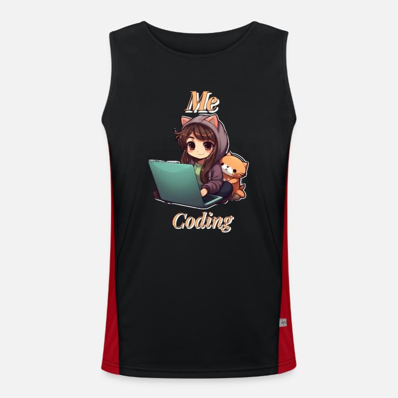 "Code Cutie: Anime-inspired Girl Coding" - Men's Functional Contrast Tank Top  - black/red
