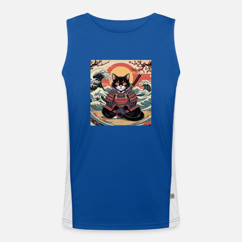 Chat samouraï avec coucher de soleil et vagues – Jap Débardeur respirant contrasté Homme 
