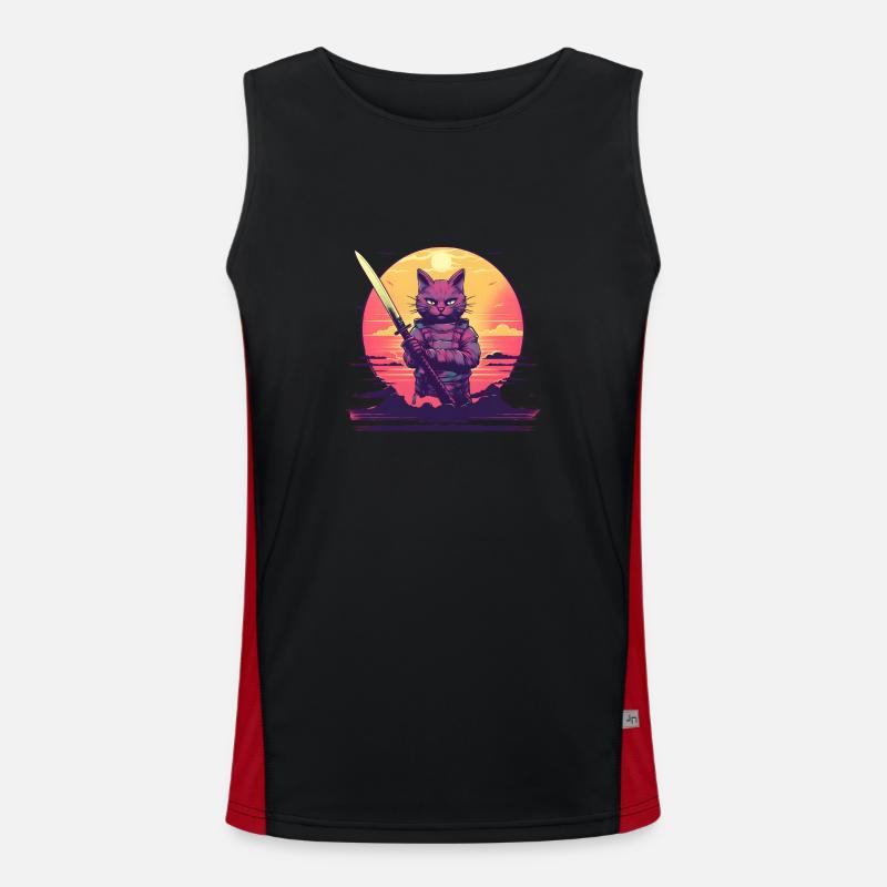 Synthwave samurai Cat sunset Men's Functional Contrast Tank Top 
