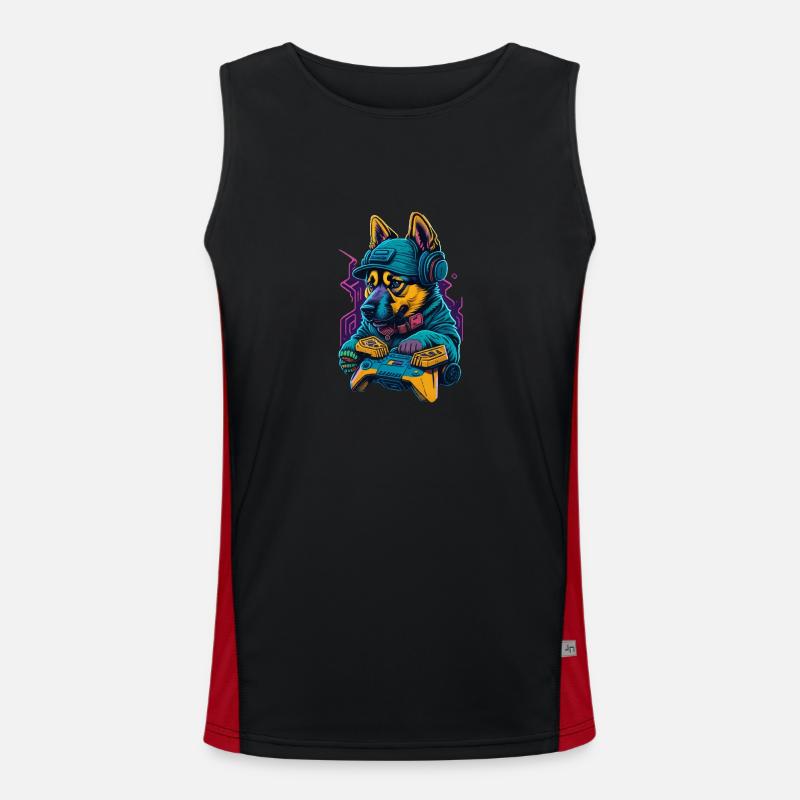German Shepherd puppy plays with game control Men's Functional Contrast Tank Top 