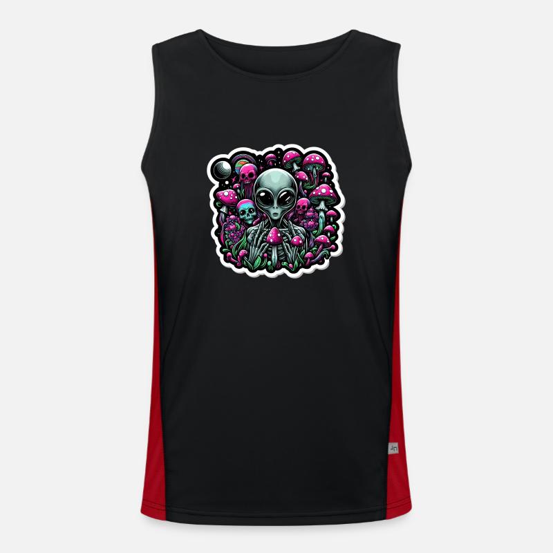 Psychedelic Alien with Mushrooms - Men's Functional Contrast Tank Top - black/red