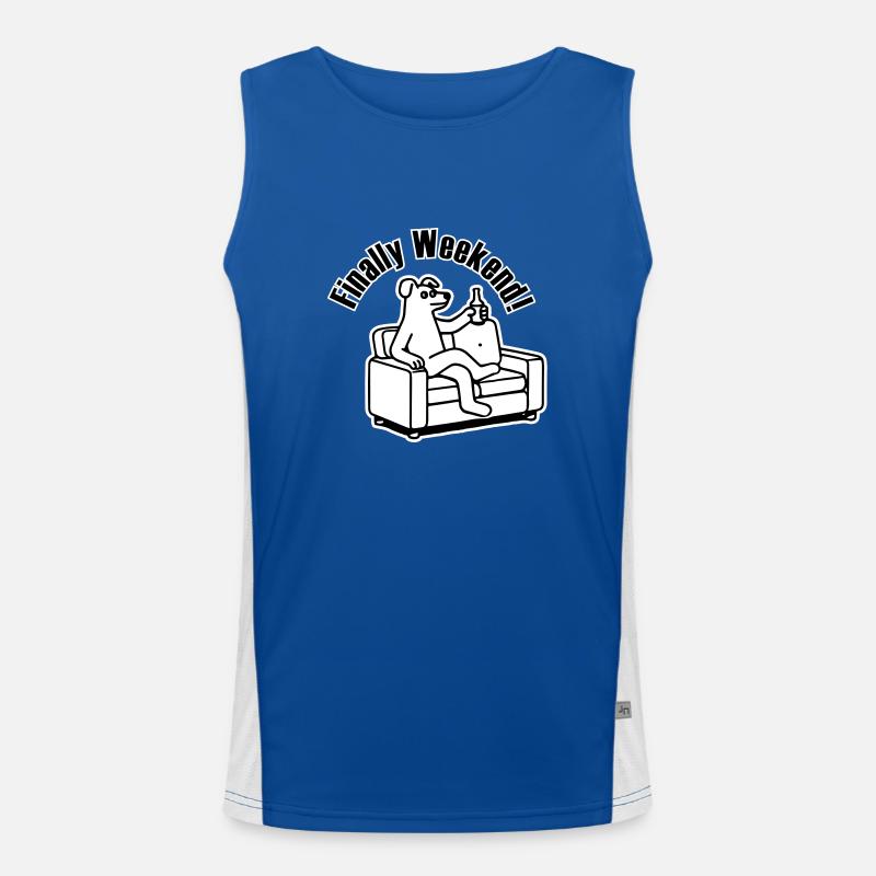Dog on a couch - "Finally Weekend!" Design Men's Functional Contrast Tank Top 