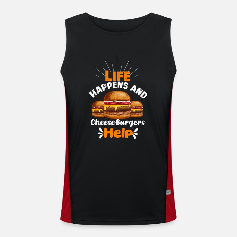 life happens and cheeseburgers help Funktionelles Kontrast-Tank Top für Männer 