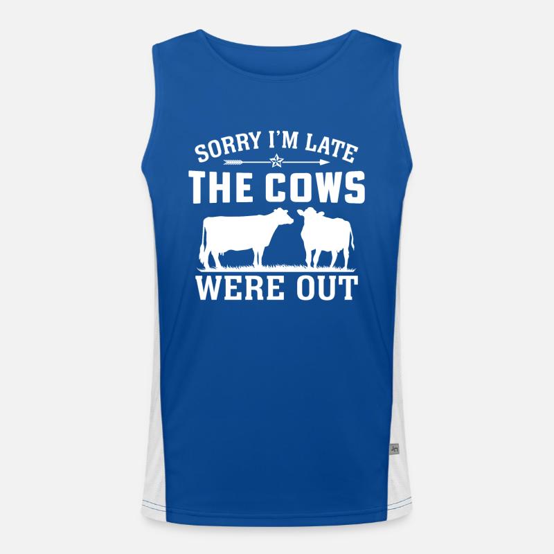 Tut mir leid, ich bin spät dran, die Kühe waren draußen Funktionelles Kontrast-Tank Top für Männer 