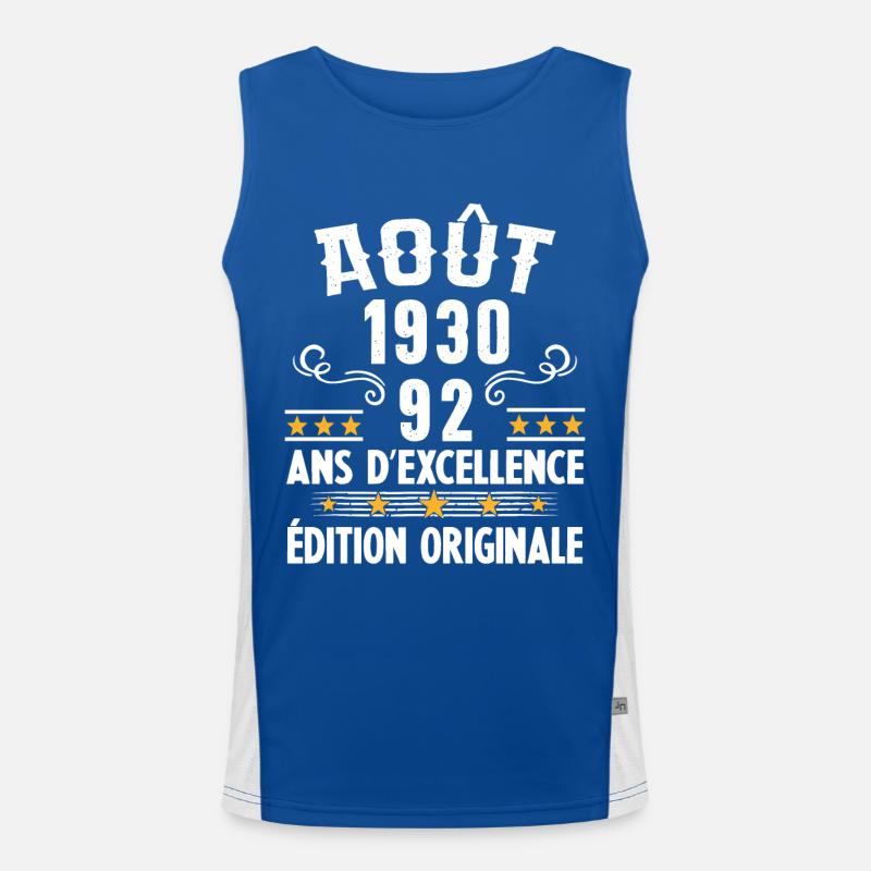 92 Ans Anniversaire Vintage Né(e) en Août 1930 Débardeur respirant contrasté Homme 
