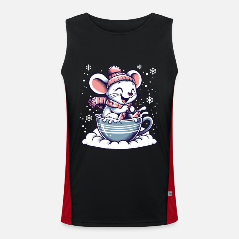 Cute Mouse Rides Sled in Snow Funny Men's Functional Contrast Tank Top 
