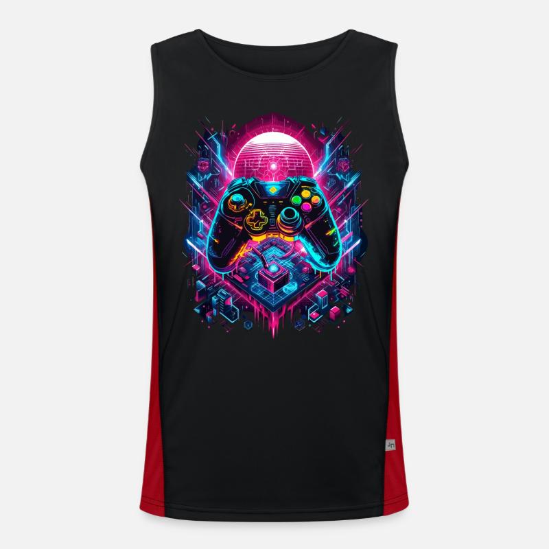 Vibrant Cyberpunk Gaming Controller Graphics - Men's Functional Contrast Tank Top  - black/red