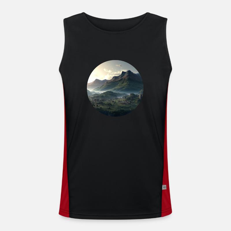 Wunderschöne Berglandschaft im Nebel Funktionelles Kontrast-Tank Top für Männer 